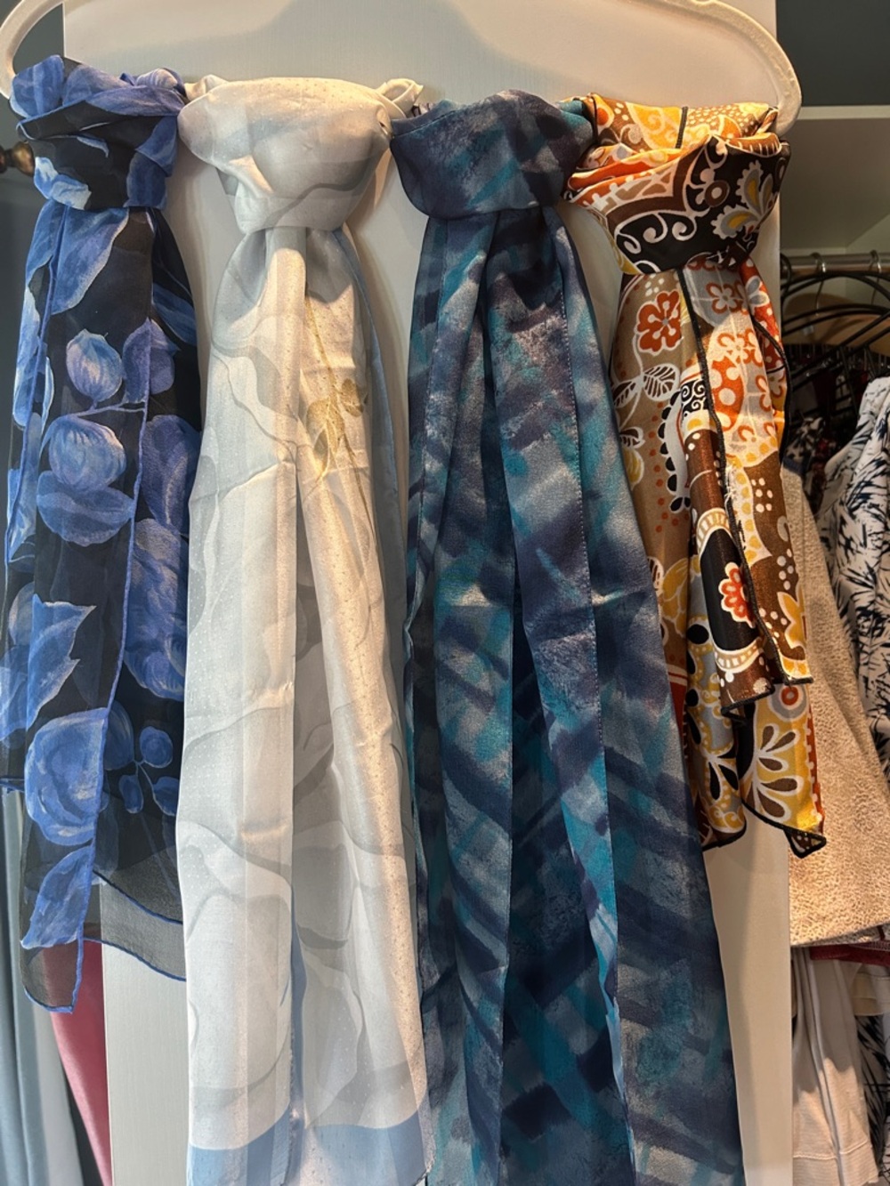 Set of Four Lightweight Patterned Scarves - Blue, White, Teal, Multi